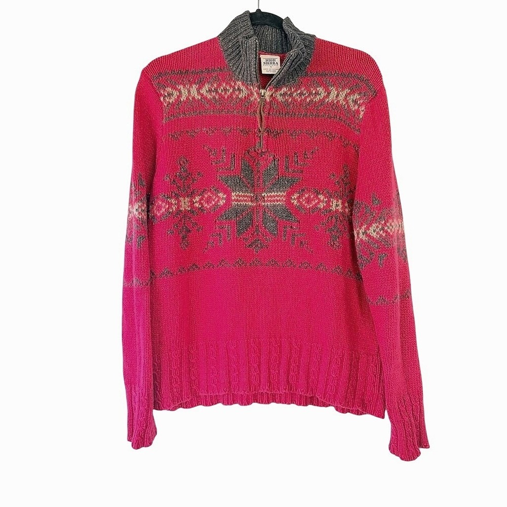 Vtg 90s HIGH SIERRA Fair Isle Nordic Quarter Zip Wool Blend Sweater M Apres Ski